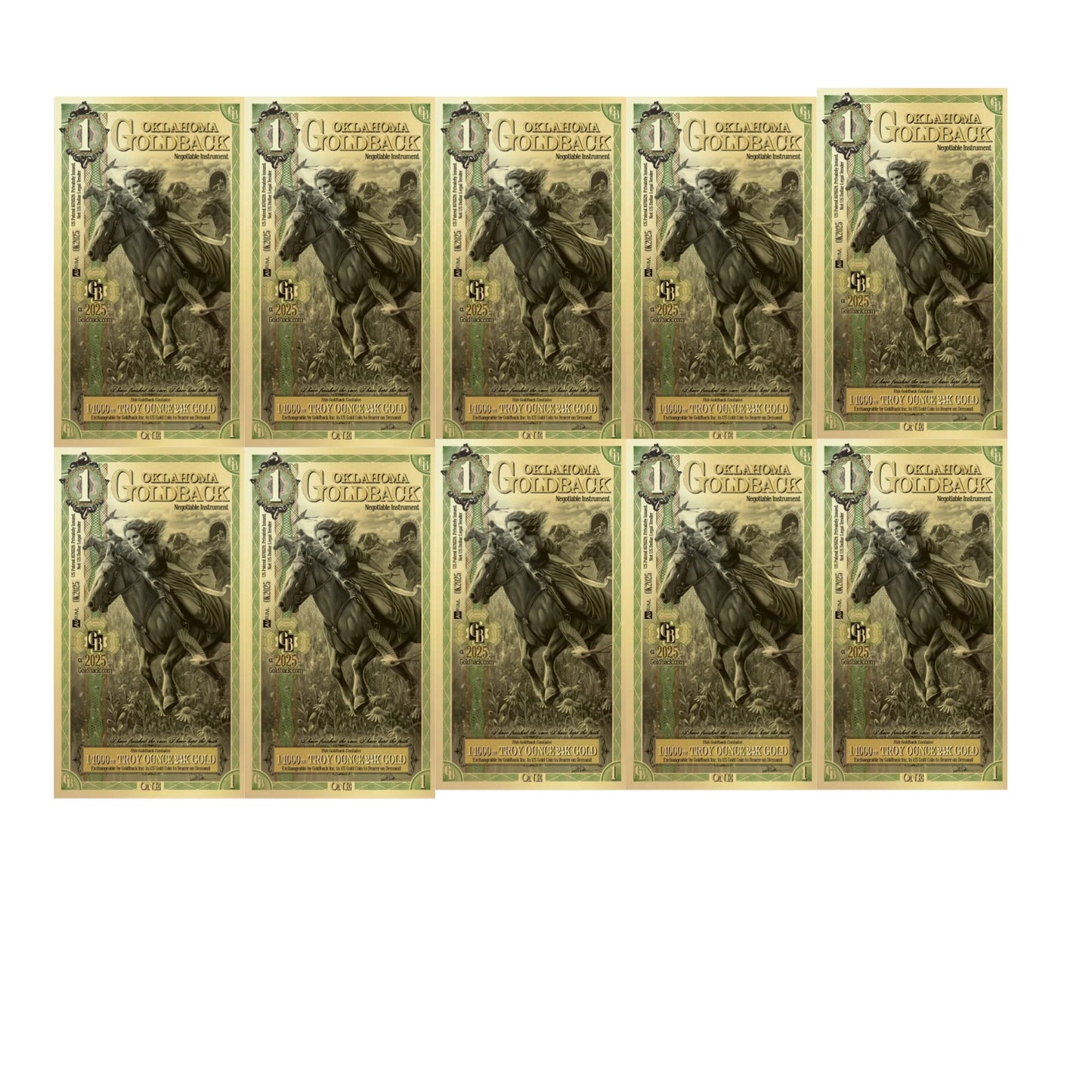 10 x 1 Oklahoma Goldback 10 x 1/1000oz of 24k Gold (1/100ozt total, 0.31g)
