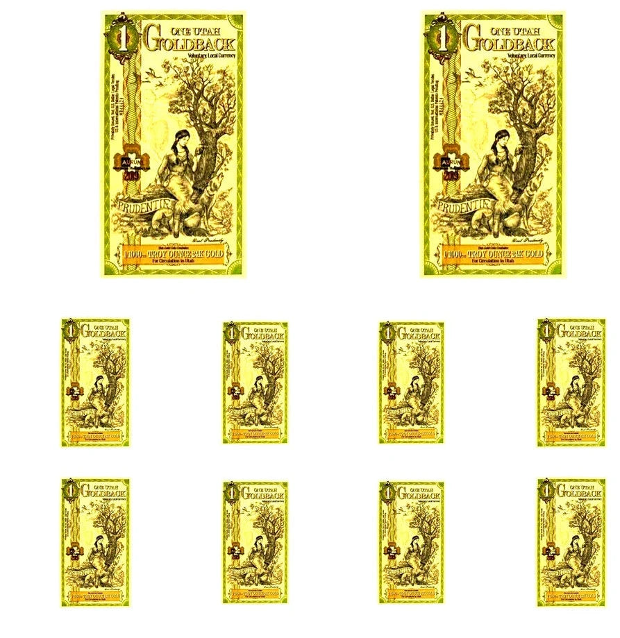 10 x 1 Utah Goldback Note, Each 1/1000oz of 24k Gold (1/100ozt total, 0.311g)