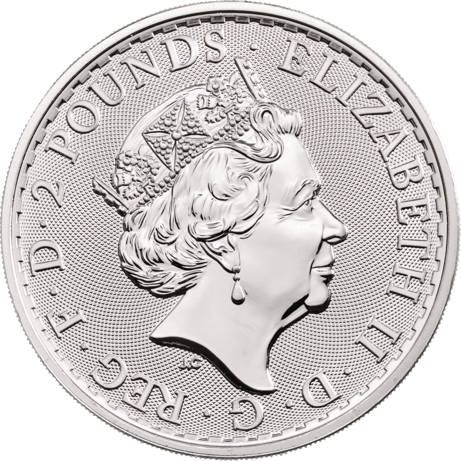 1 oz Silver 2020 Britannia Bullion Coin, obverse, Elizabeth II portrait, denomination 2 pounds.