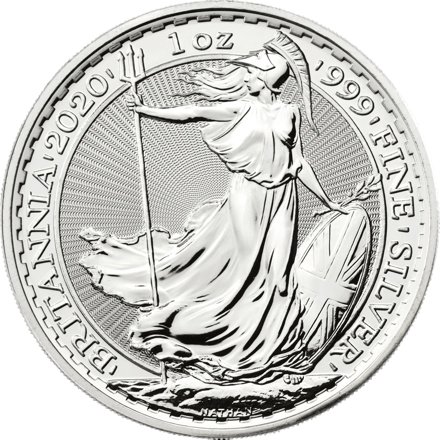 1oz Silver Britannia 2020 coin, .999 fine silver, Britannia holding trident, UK flag shield, bullion investment.