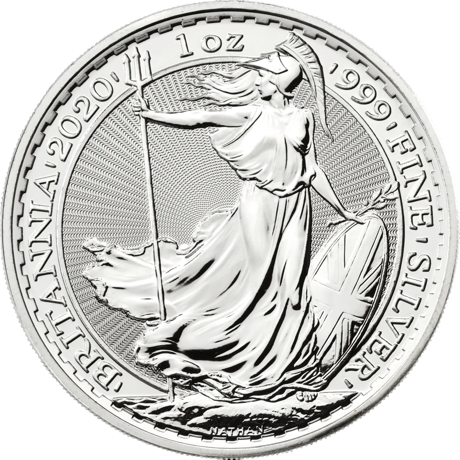 1oz Silver Britannia 2020 coin, .999 fine silver, Britannia holding trident, UK flag shield, bullion investment.