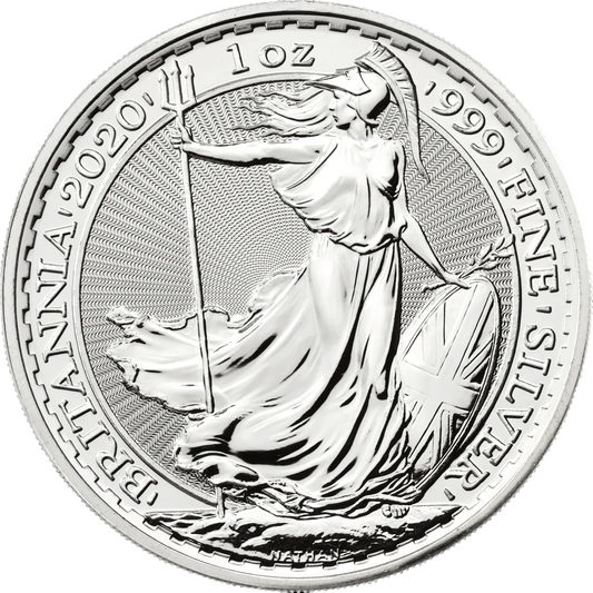 1oz Silver Britannia 2020 coin, .999 fine silver, Britannia holding trident, UK flag shield, bullion investment.