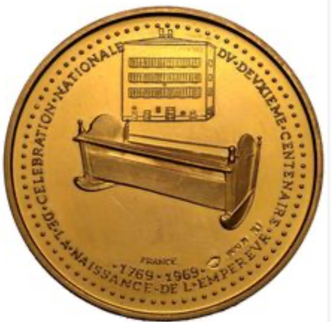 France 1969 gold medal .900, 200th Anniversary of Napoleon Birth, 17.52g, featuring cradle, historic markings.