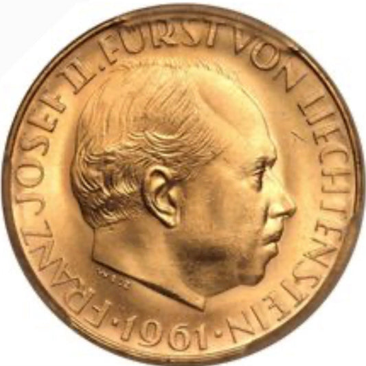 Liechtenstein 1961 .900 Gold 25 Francs 100th Anniversary of National Bank PCGS MS66 5.65g