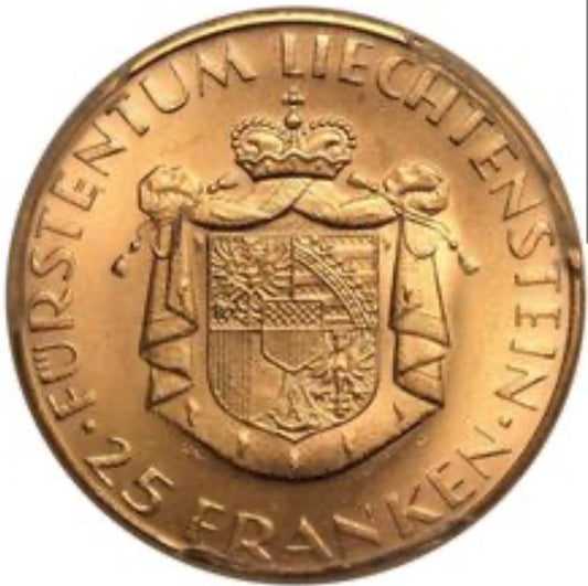 Liechtenstein 1961 .900 Gold 25 Francs 100th Anniversary of National Bank PCGS MS66 5.65g