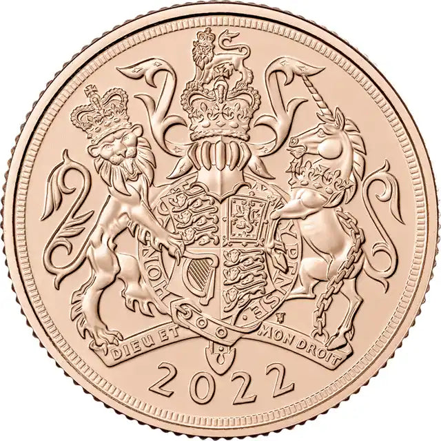 2022 Jubilee Quarter Sovereign Gold Coin, QE2 Royal Mint, 2g 22ct Gold, featuring royal shield and 2022 date.