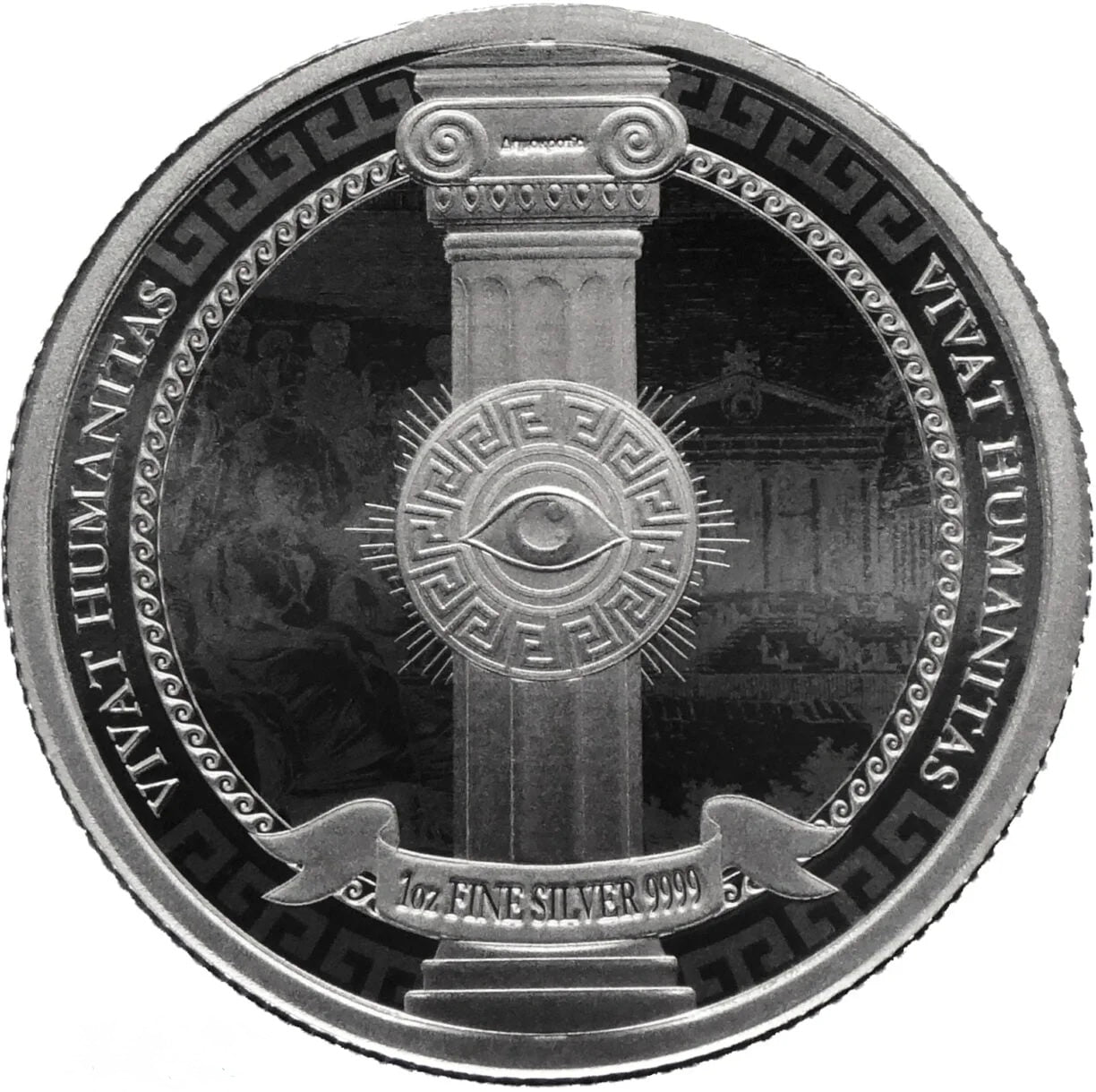 2023 Vivat Humanitas Niue 1oz silver bullion coin, 999 fine silver, inscribed "Vivat Humanitas," column design.