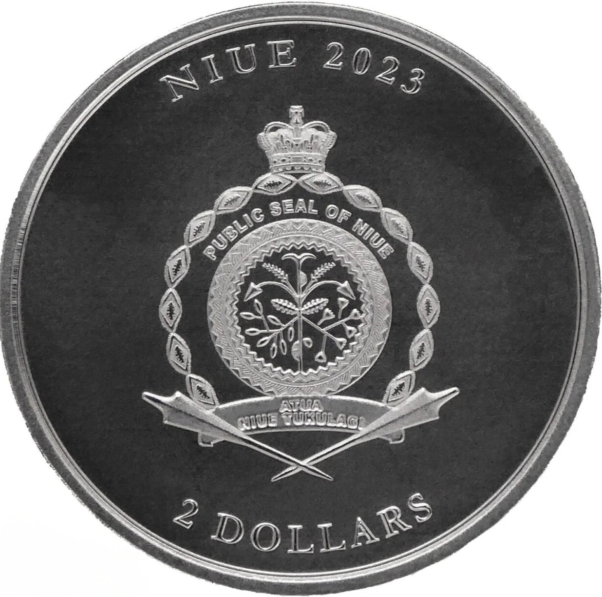 2023 Vivat Humanitas Niue 1oz Silver Bullion Coin, $2, Public Seal of Niue design, investment-grade.