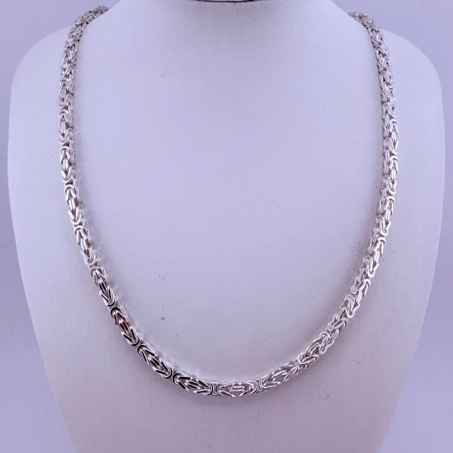 Sterling Silver Byzantine Link Chain, 24in, 3.3mm wide, 37g, shown on display, intricate design, new.