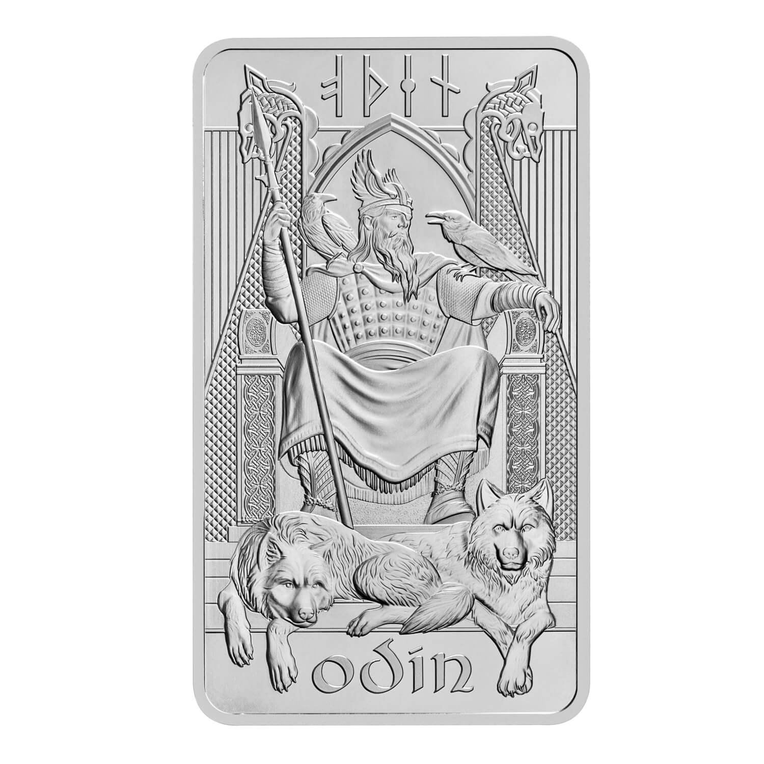 Odin 10oz 999 Silver Minted Bullion Bar featuring embossed design, runes, and "Odin" inscription.
