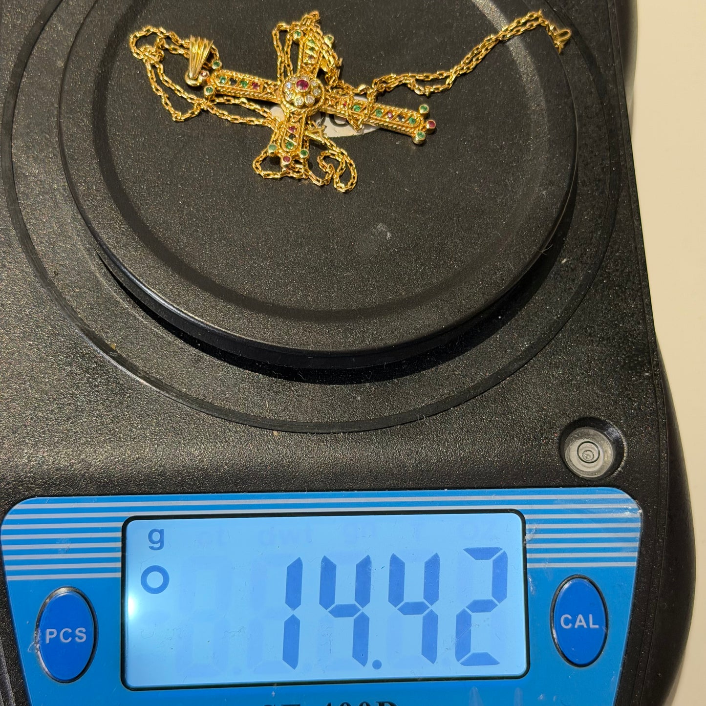 18ct Gold, Ruby, Emerald and Diamond Orthodox Cross. on 18ct 22in Box Chain 14.4g