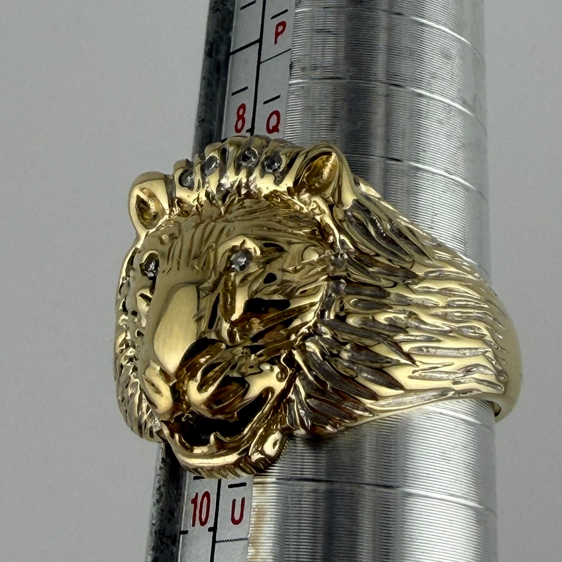 9ct Gold Diamond Lion Head Gents Ring, 8.35g, Hallmarked, Size S, Fitzroy Bullion.
