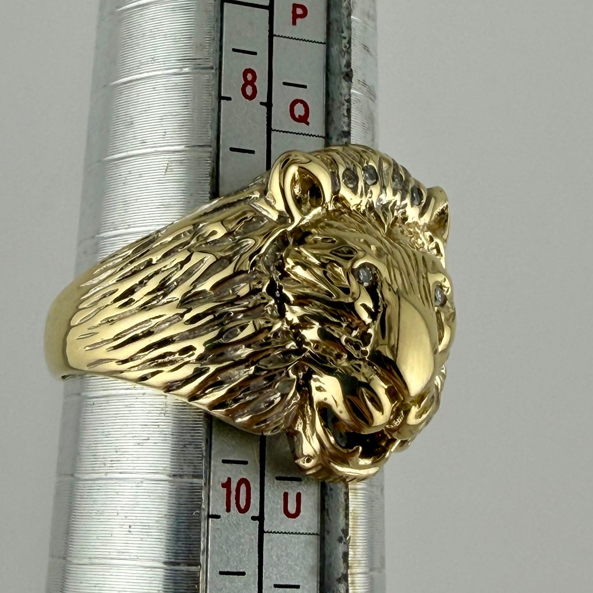 9ct Gold Diamond Lion Head Ring, Hallmarked 8.35g, Size S, Men's Jewelry, Fitzroy Bullion London.