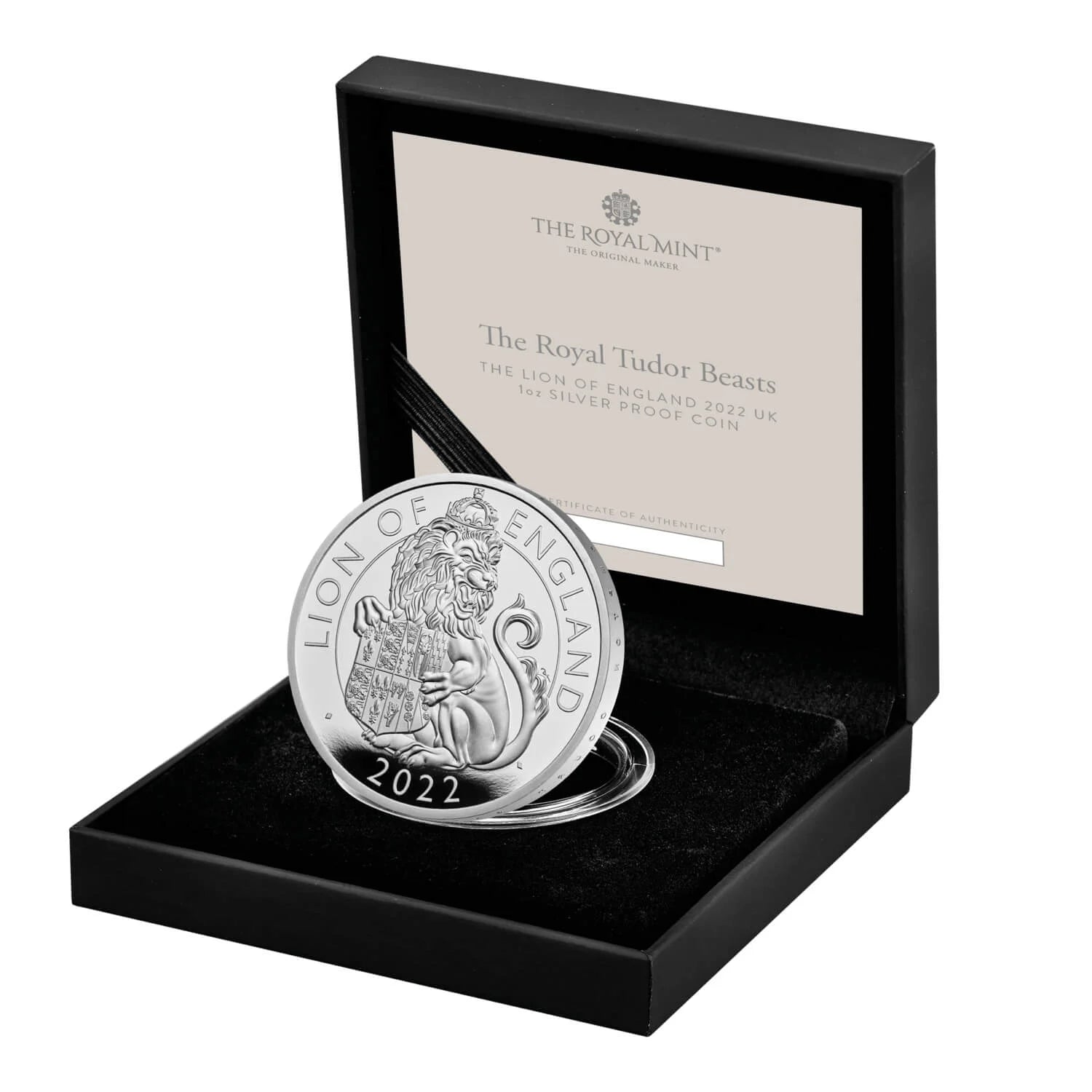 Royal Tudor Beasts Lion of England 2022 1oz 999 Silver Proof Coin in display box, Fitzroy Bullion London.