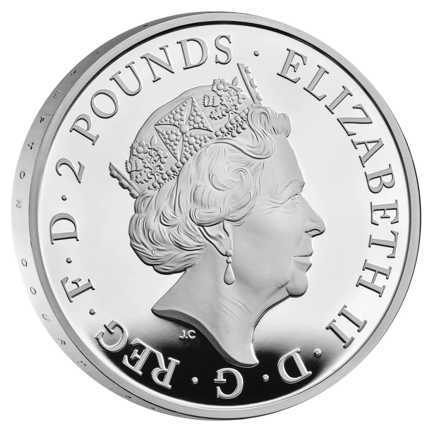 The Royal Tudor Beasts Lion of England 2022 1oz 999 Silver Proof Coin, 2 Pounds, Queen Elizabeth II profile.