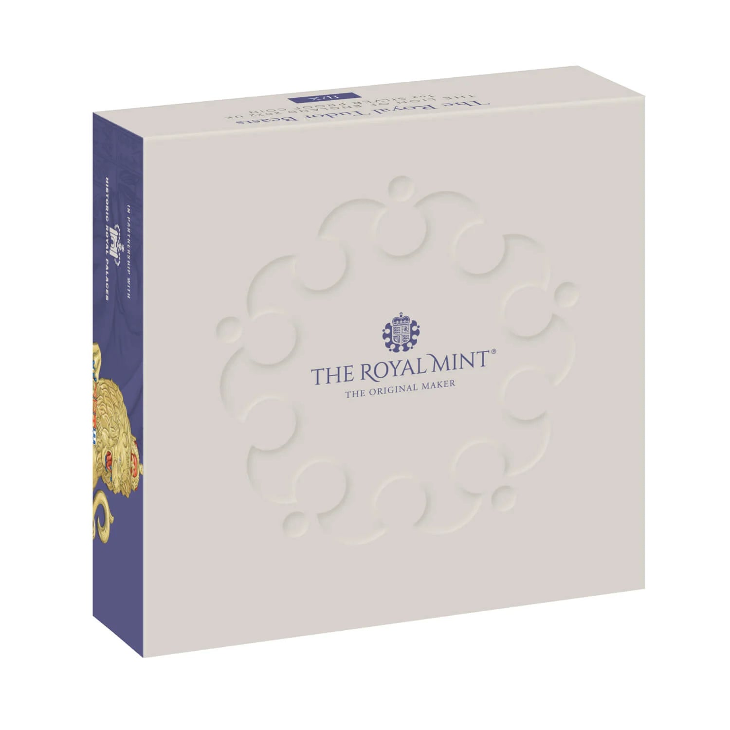 Royal Mint 999 Silver Proof Coin, Royal Tudor Beasts Lion of England 2022, 1oz, UK, packaging featuring lion design.