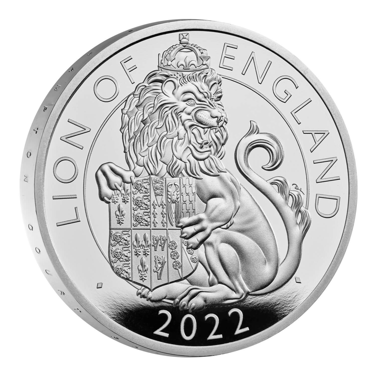 2022 1oz 999 Silver Proof Coin, Royal Tudor Beasts, Lion of England, decorative design.