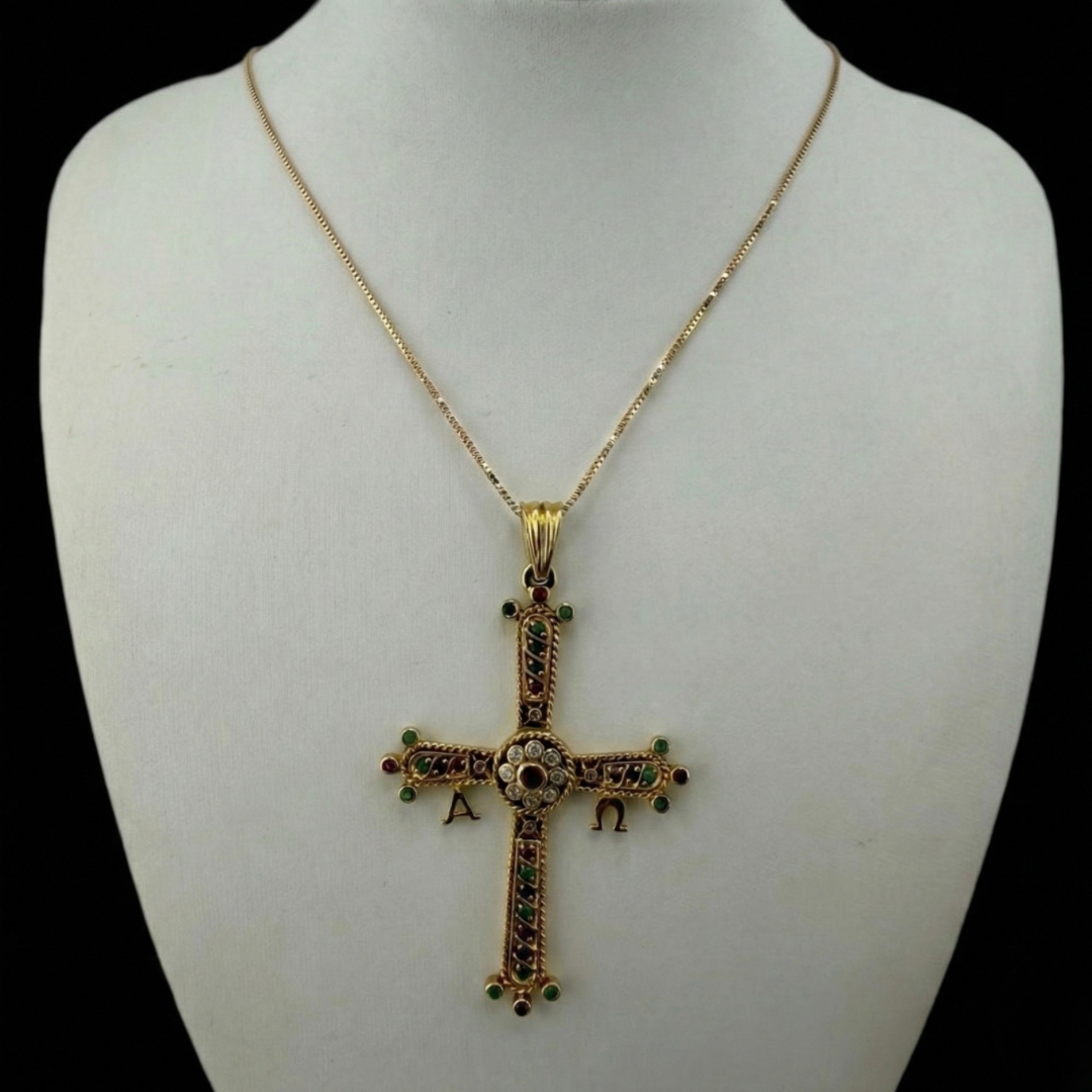 18ct Gold, Ruby, Emerald and Diamond Orthodox Cross. on 18ct Box Chain 12g
