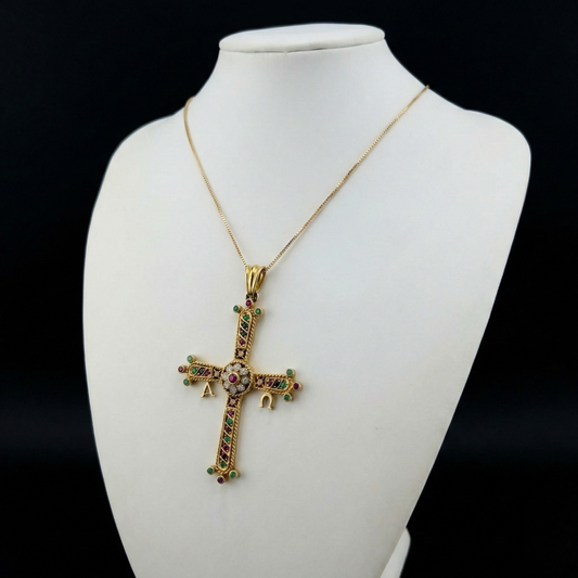 18ct Gold, Ruby, Emerald and Diamond Orthodox Cross. on 18ct Box Chain 12g