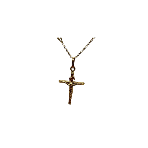 9ct Gold Crucifix Cross (1g), on 16in Fancy 18ct Gold Chain (2.6g), 3.6g Total