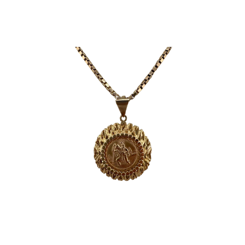 9ct St Christopher Pendant, On 16in 2.5mm Wide Box Chain, 17.6g Hallmarked