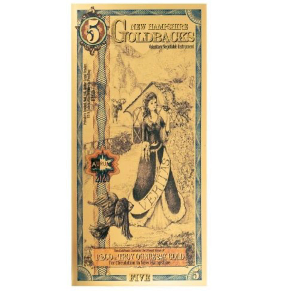 New Hampshire 5 Goldback Note 1/200ozt (0.156g) of 24k 9999 Fine Gold