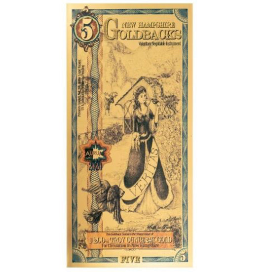 New Hampshire 5 Goldback Note 1/200ozt (0.156g) of 24k 9999 Fine Gold