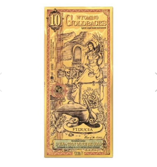 Wyoming 10 Goldback Note 1/100 oz 24k 9999 Fine Gold Bullion