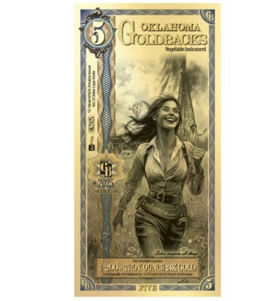 Oklahoma 5 Goldback Note 1/200ozt (0.156g) of 24k 9999 Fine Gold