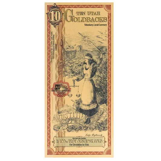 Utah 10 Goldback Note 1/100 oz 24k 9999 Fine Gold Bullion