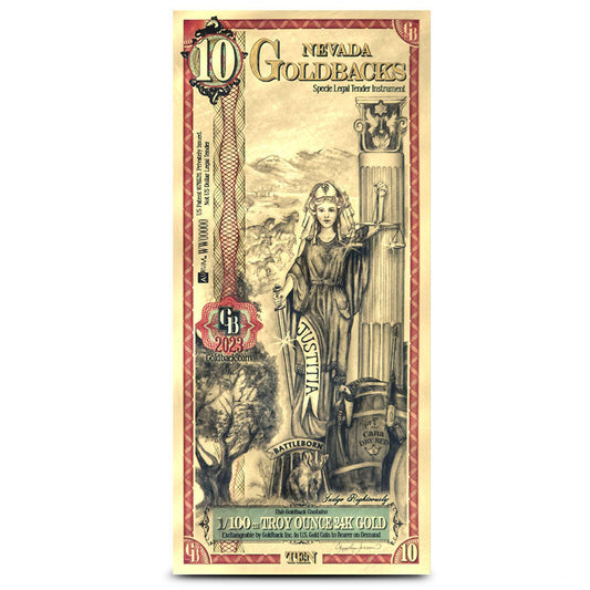 Nevada 10 Goldback Note 1/100 oz 24k 9999 Fine Gold Bullion
