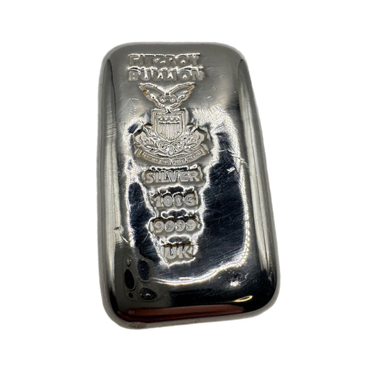 100g Silver Fitzroy Bullion 999 Fine Cast Bar, Produced by SMP Birmingham