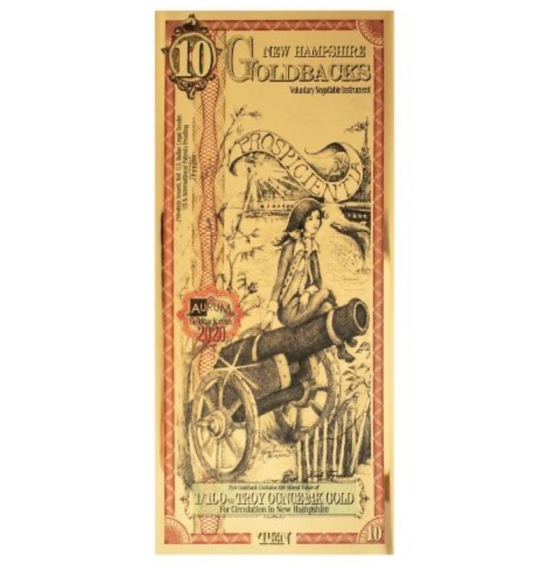 New Hampshire 10 Goldback Note 1/100 oz 24k 9999 Fine Gold Bullion