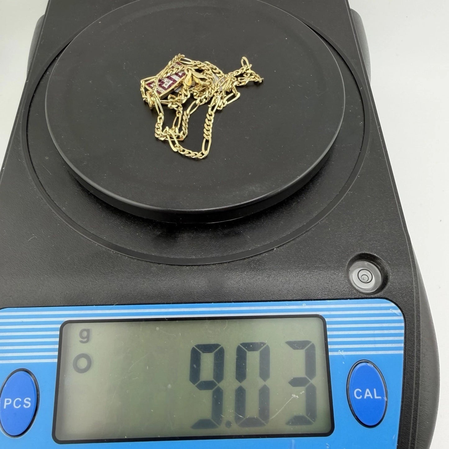 14ct Gold Diamond and Ruby Pendant, on 16in 14k Figaro Chain, Stamped 585 9g