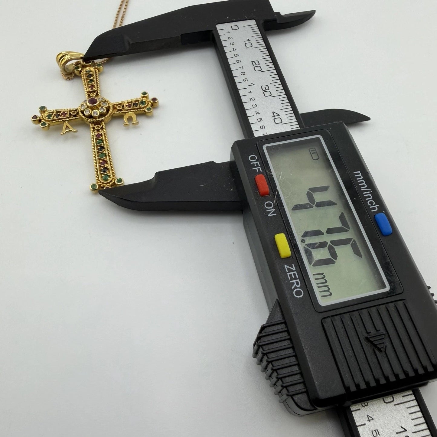 18ct Gold, Ruby, Emerald and Diamond Orthodox Cross. on 18ct 22in Box Chain 14.4g