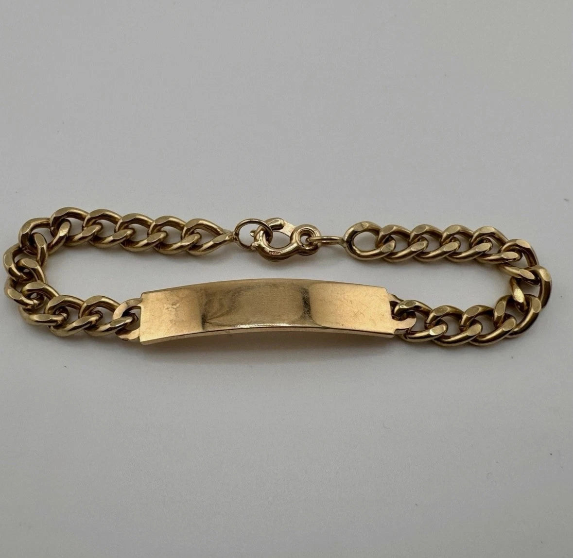 9ct Gold Curb ID Bracelet, 7.4mm W, 8in L, Full UK Hallmarks 27.5g