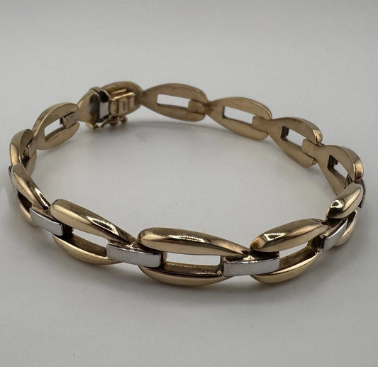 9ct Gold Two Tone Fancy Link Bracelet, 8in L, 8mm Wide, 11.9g