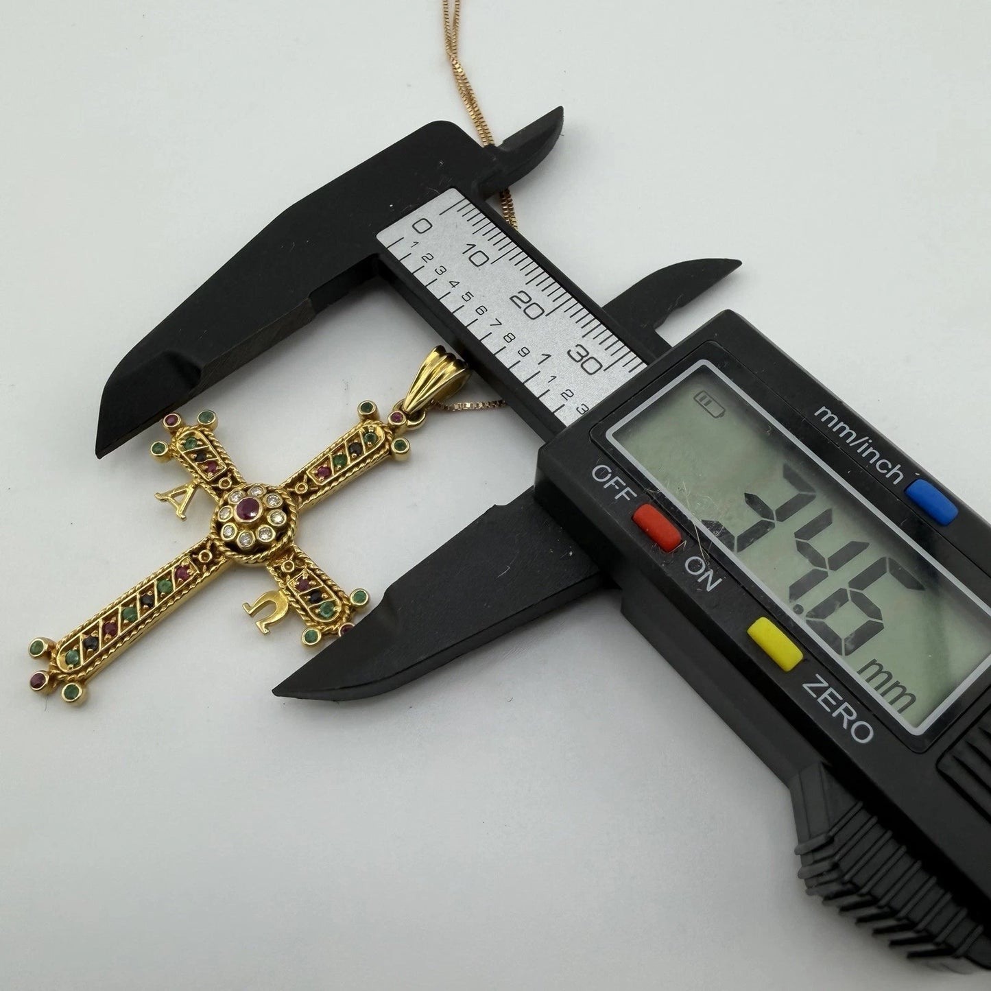 18ct Gold, Ruby, Emerald and Diamond Orthodox Cross. on 18ct 22in Box Chain 14.4g