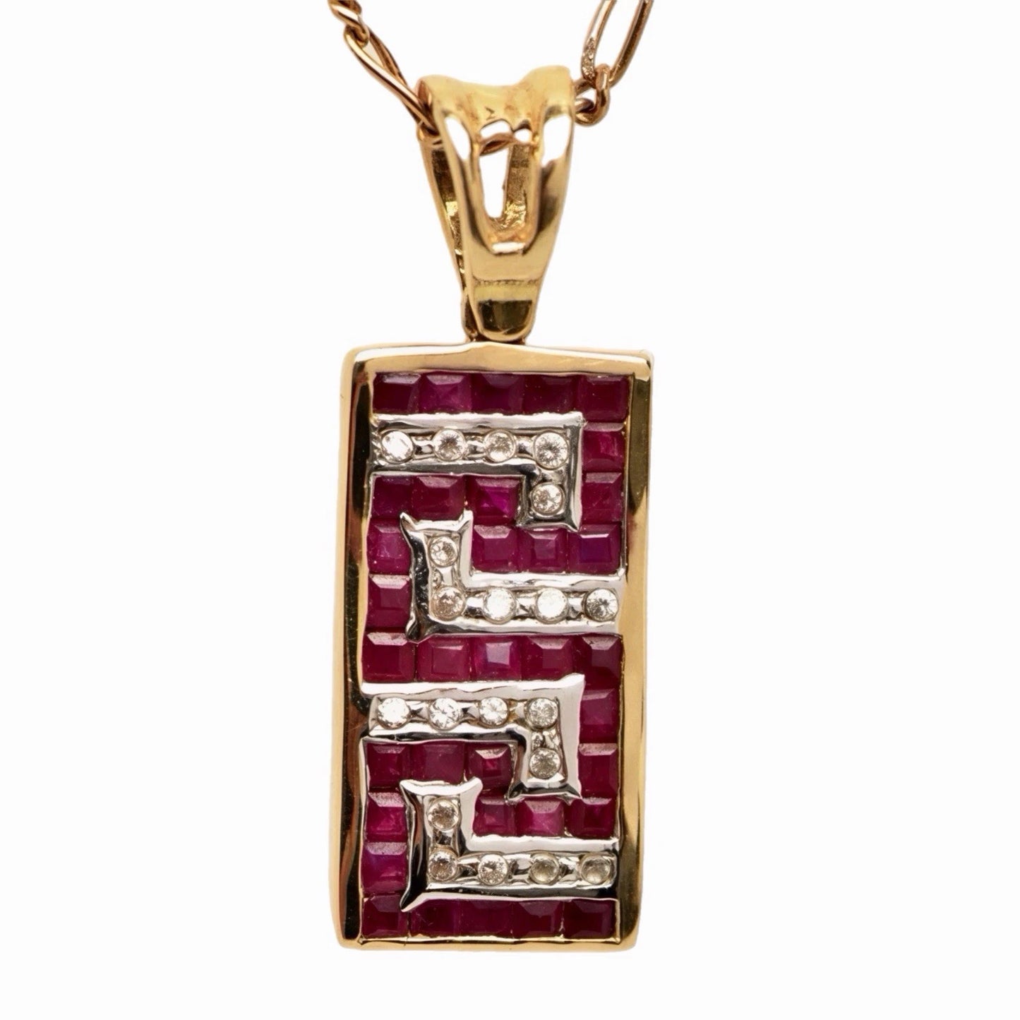 14ct Gold Diamond and Ruby Pendant, on 16in 14k Figaro Chain, Stamped 585 9g